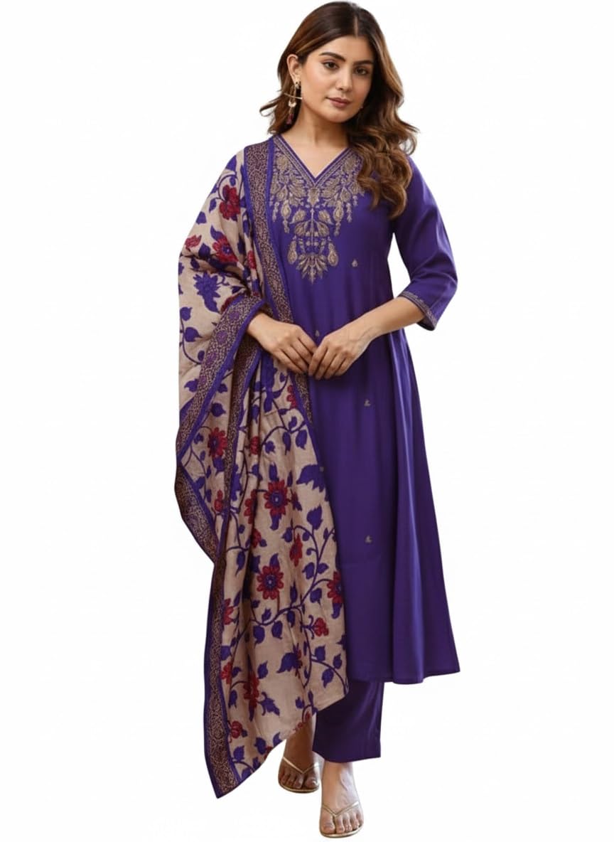 Women Embroidery Straight Kurta and Pant Set with Dupataa