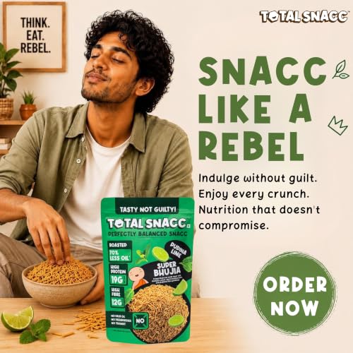 Image of TOTAL SNACC Roasted Bhujia Pudina Lime (250g x 3 Packs) | High Protein 19g, High Fibre 12g | 70% Less Oil | No Palm Oil | Baked Bhujiya | Healthy Namkeen | High Protein Snacks | Diabetic Friendly | Millet Bhujia | Low Calorie
