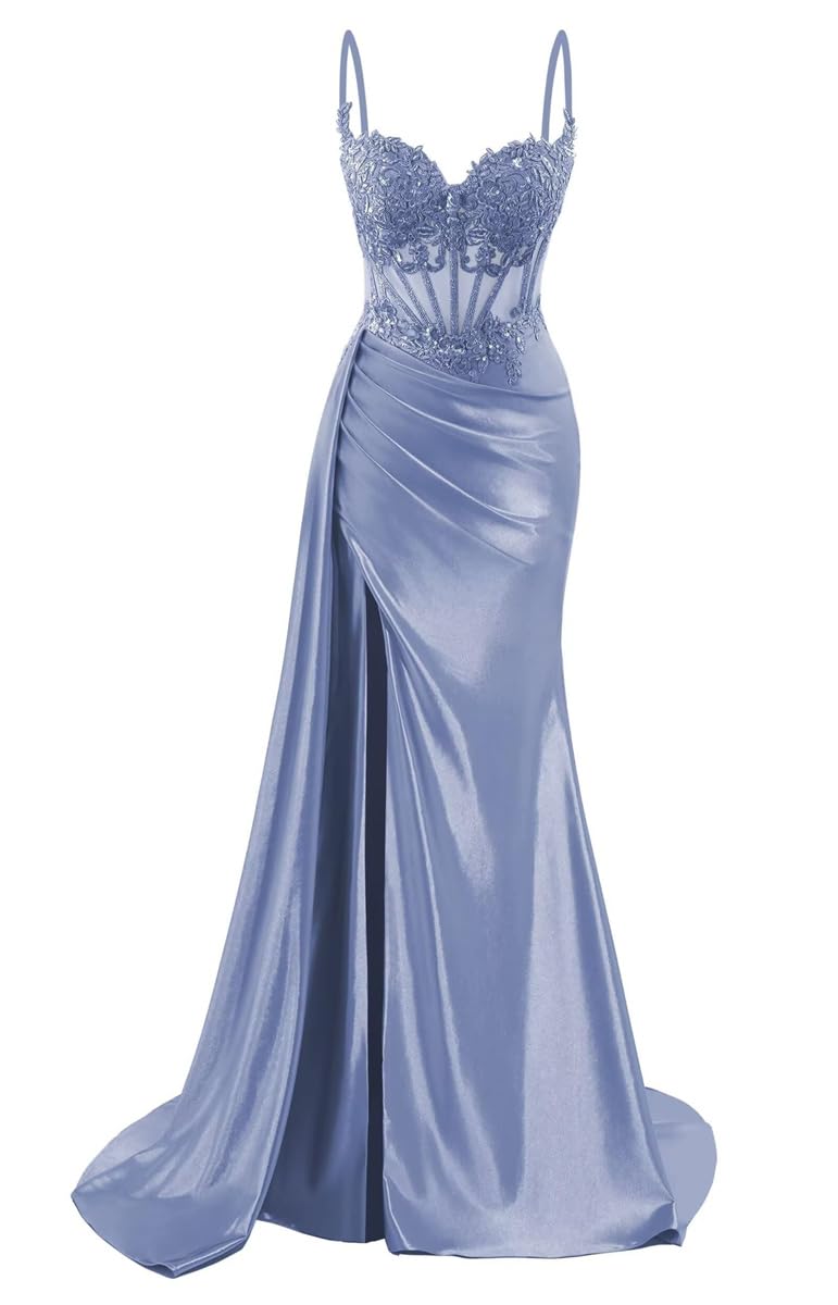 Sayno Women's Dusty Blue Satin Bridesmaid Dresses For Wedding With Slit Mermaid Prom Gowns Cocktail Dresses Plus Size Hlsa239 Uk12