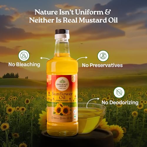 Image of Organic India Sunflower Oil, 1000ml | Lab Tested on 250+ Parameters | Certified Organic| Cold Pressed Oil with Natural Flavours and Aroma | Extracted from Organically Grown Sunflower Seeds