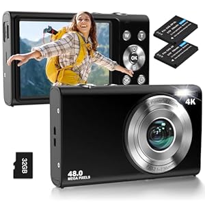 Digital Camera, Autofocus UHD 4K Vlogging Camera with 32GB Card, 48MP 16X Digital Zoom Digital Camera, Anti-Shake Portable YouTube Compact Point Shoot Camera for Teens Adult Beginner(Black)
