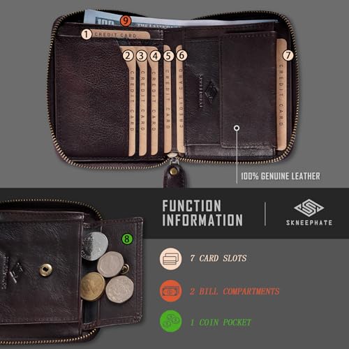 Mens Wallet Zipper,Skull Men's Leather Wallets With Coin Pocket, Multi-Functional,RFID Blocking,Gifts for Him(coffee)3