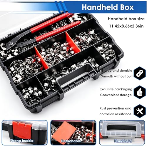 Image of 405Pcs 15-Sizes 304 Stainless Steel Single Ear Hose Clamps with Ear clamp plier 5.3-36.1mm Crimp Hose Clamps Assortment Kit for Auto /Home Appliance /Pipe /Fuel Line