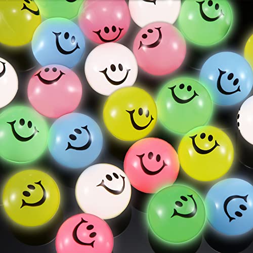24 Pcs Smile Face Bouncy Balls for Kids Glow in The Dark Bouncy Balls 1.3 Inches Mini Rubber Bouncing Balls High Bounce Stress Balls for Party Favors Supplies Goody Bag Stuffers for Kids, 5 Colors