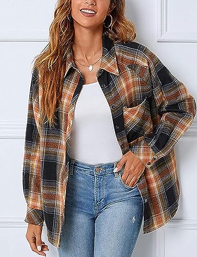 Zontroldy Womens Flannel Shirt Plaid Buffalo Long Sleeve Button Down Oversized Flannels Shirts Blouse Tops4