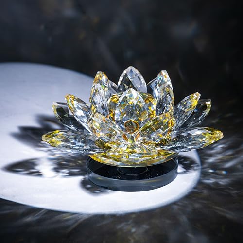 Image of Feng Shui Crystal Lotus Flower Showpiece & Paper Weight | Vastu Decor for Home & Office | Desk Decoration | Feng Shui Items for Good Luck, Wealth & Gifting | Yellow (Large-12.5 x 6.5 CM)
