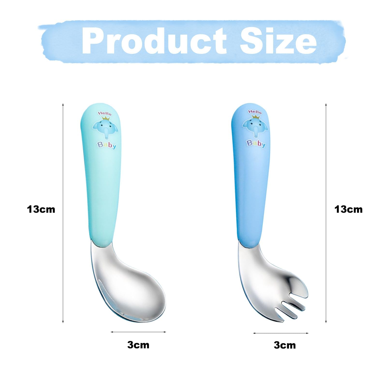 Cuillère d’Apprentissage et Fourchette,Couverts en Acier Inoxydable,Cuillère Courbée Ergonomique pour Apprentissage Autonome,Esslernbesteck Inox,Motif Éléphant,13 cm,Couverts Personnalisés
