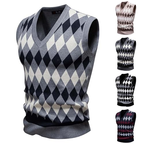 Cambkatl Men's Preppy Style Argyle Sweater Vest, Casual V-Neck Sleeveless Pullover 2025 Fall Winter Warm Stretch Knitwear2
