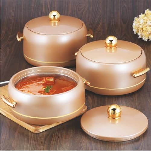 Image of Modware Atlantis Casserole Set of 3-1500ml /2000ml /2500ml Elegant Design Premium Hot Pot, Retains Temperature for Hours, Insulated Inner Steel Casserole for Roti Hot Box for Home Chapati Box (Brown)