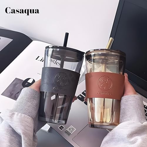 Image of Coffee Sipper Mug with Leather Sleeve, Clear Drinking Glasses Tumblers with Straws and Lids for Iced Tea, Juice, Cocktail, Smoothies Cold & Hot Drink Cups (450ML, Pack of 1, Brown)