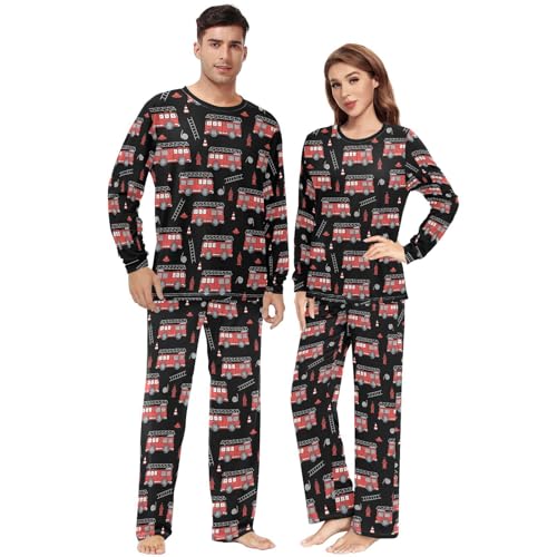 Unisex Pajama Set Long Sleeve Sleepwear Soft 2 Piece Loungewear Cartoon Fire Truck Pj Sets for Women & Men