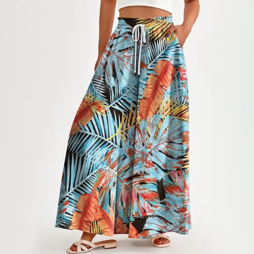 Women's Casual Tie Dye Pants Wide Leg Summer 2025 Floral Flowy Skirt High Waist Boho Drawstring Long Trousers2