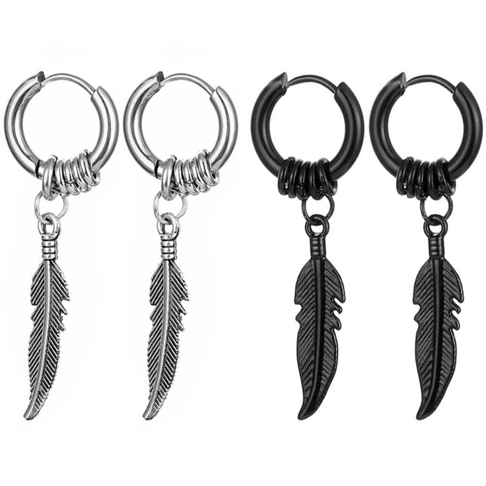 Kawailay 2 Pairs Feather Huggie Hoop Earrings Gothic Feather Earrings Studs Punk Rock Hip Hop Dangle Drop Earrings for Men Women - Silver and Black