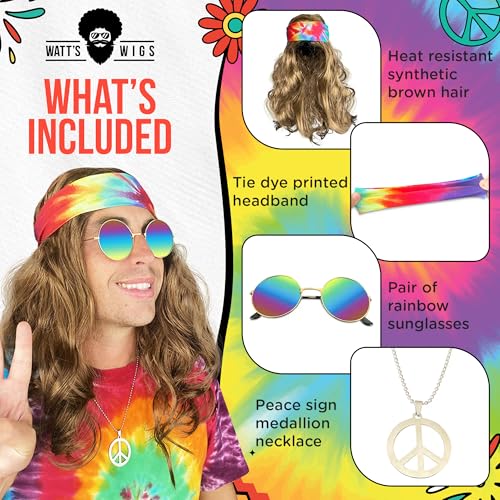 Watt's Wigs - Hippie Costume Set - Brown Wig with Tie Dye Headband, Rainbow Color Sunglasses, and Peace Medallion Necklace - 60s or 70s Hippy Woodstock Costume - One Size Fits All