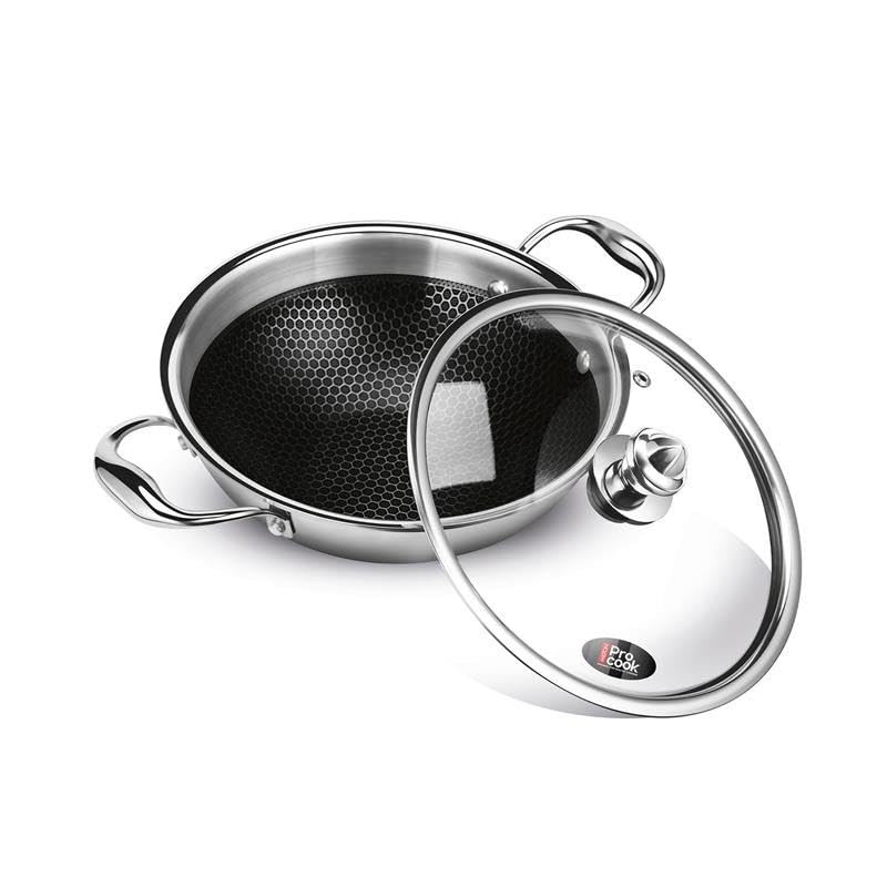 Image of Milton Pro Cook Induction Cookware & Gas Stove Friendly Triply Stainless Steel Honeycomb Mini Kadhai with Glass Lid 16cm | GREBLON C3+ Non Stick Coating | Even Heat | Metal Spoon Friendly |3Y Warranty