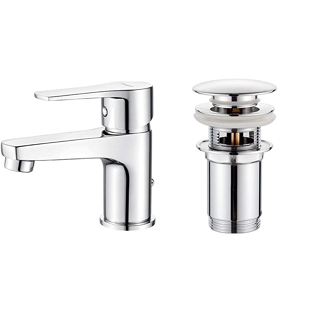 Ibergrif Grifo Baño M11057, Mezclador Monomando, Agua Fría y Caliente, Latón, Cromado & GRIFEMA G104 Click-Clack - Desagüe, Válvula para Lavabo, Crome, Plata