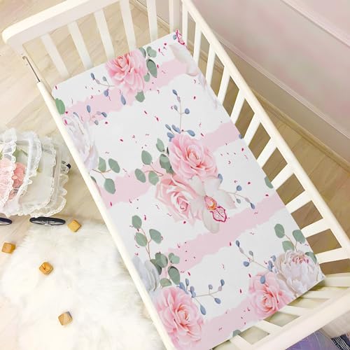 Image of Pink Camellia Plant Flower Crib Sheets Stretchy Portable Sheets for Baby Toddler Breathable Soft Crib Mattress Sheet for Girls Boys
