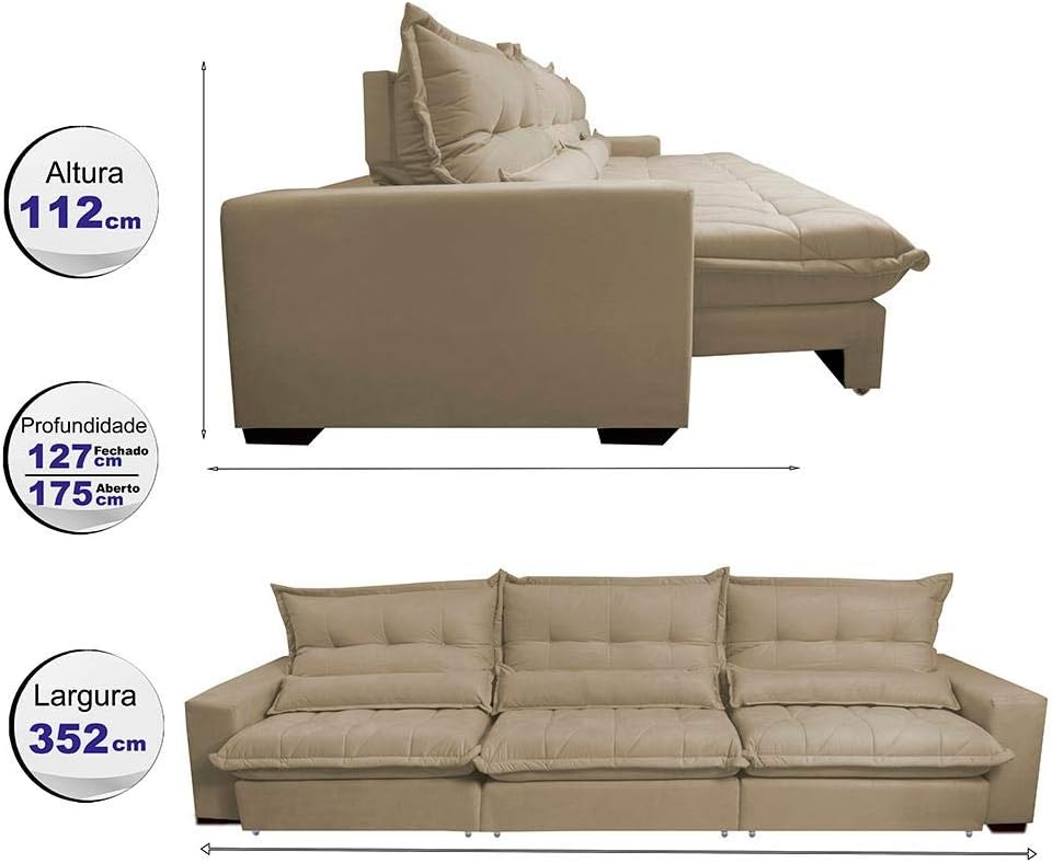 Sofá em perspectiva lateral, com fundo neutro.