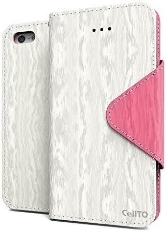 iPhone SE Case, Cellto PU Leather Wallet Cover Stand and Reversible Magnetic Flap Flip Cover for Apple iPhone SE/iPhone 5S / iPhone 5 - White/Pink