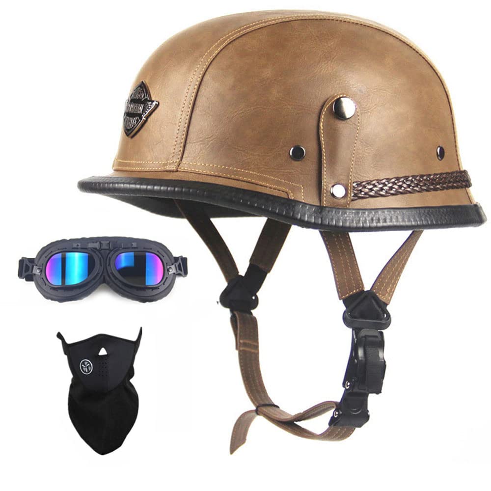 German Style Motorcycle Helmet, Retro Leather Thin Skull Cap Half Helmet for Adult Men Women, Vintage Open Face Novelty Half Shell Helmet for Cruiser Scooter Chopper, DOT Approved