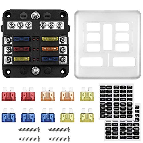 Kohree 6 Vie Scatola Porta Fusibile 12V - 32V 100A con 10 Fusibili con Indicatore LED e Coperchio di Protezione, per Auto Barca Camion