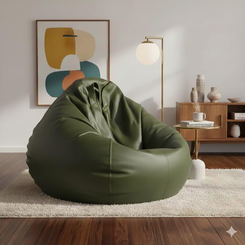 Leather Bean Bag Cover, XXL-Size- Olive Green Colour, Double Stitched, Easy Clean Surface, Ultra Soft & Durable Washable Replacement Cover, Perfect for Adults (Beans Not Included) (OLIVE GREEN)-image-17