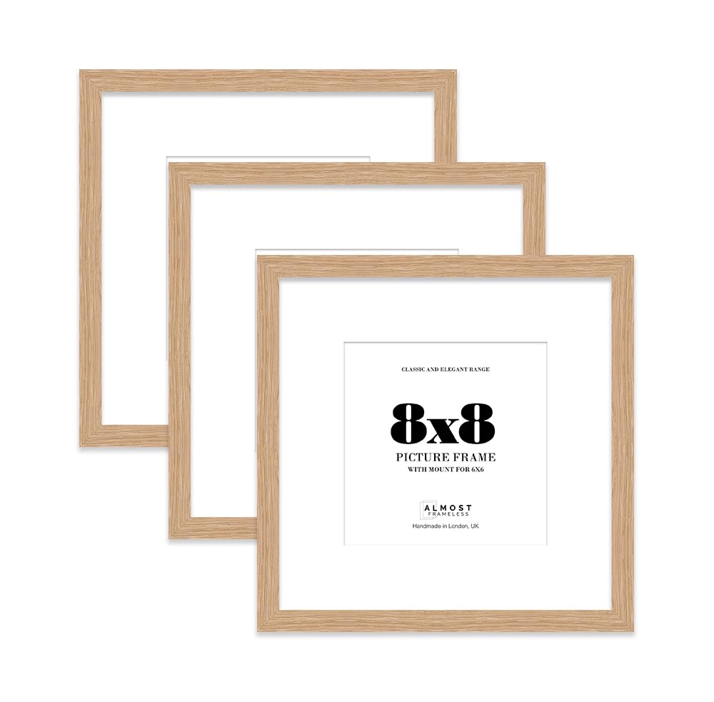 8x8 Oak Picture Frame with Mount for 6x6 Photos, Prints - Modern Square Wall Frame, Set of 3