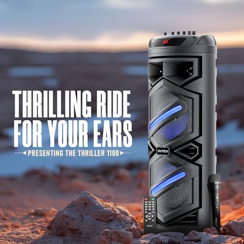 Image of Intex Thriller 1100 Trolley Speaker | 110W Sound Output | Rechargeable Battery | Karaoke Wireless Mic | Mobile Holder | RGB Lights | FM /USB /AUX /BT Playback | 8 inch Woofer (Black)