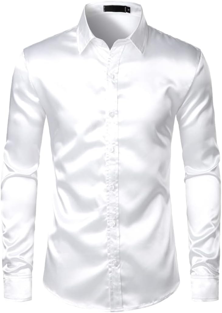 Weißes Smokinghemd Aus Seidensatin Für Herren, Langärmelig, Tailliert, Für Hochzeiten, Partys Und Tanzen, Freizeithemden Für Herren., White, L