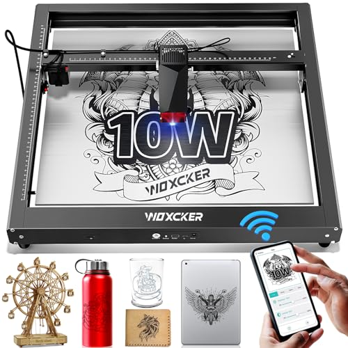 Grabador láser, Woxcker JL7 10 W con cama de 400 x 400 mm, 0,01 mm, grabado láser de alta velocidad y corte mahcine para madera, metal, cuero, piedra de vidrio (potencia de salida clase 1 10000 mW)