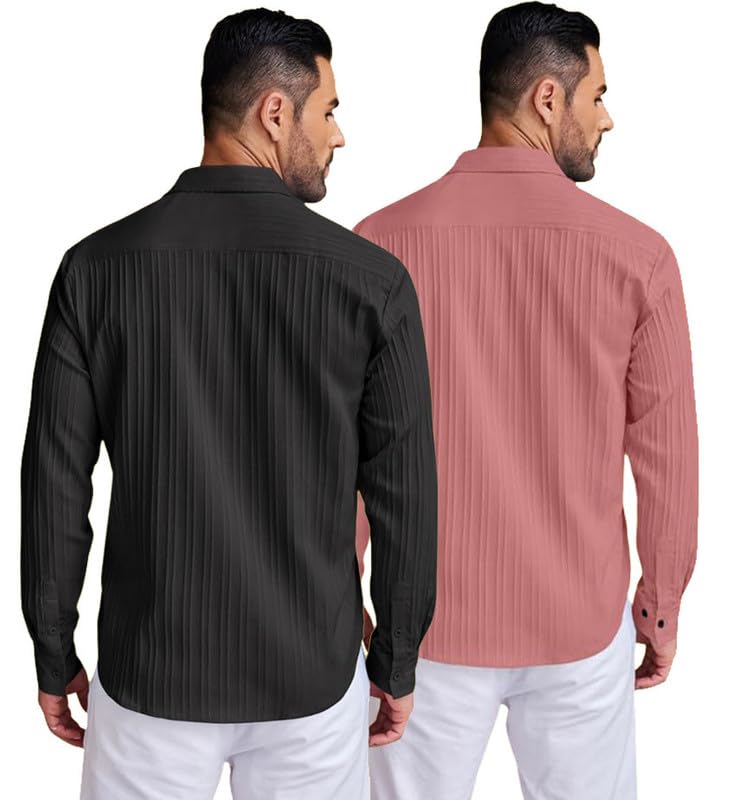 Image of DEELMO Combo of Men's Casual Button Down Shirts Long Sleeve Linen Shirt Fashion Textured Summer Shirts Pack of 2