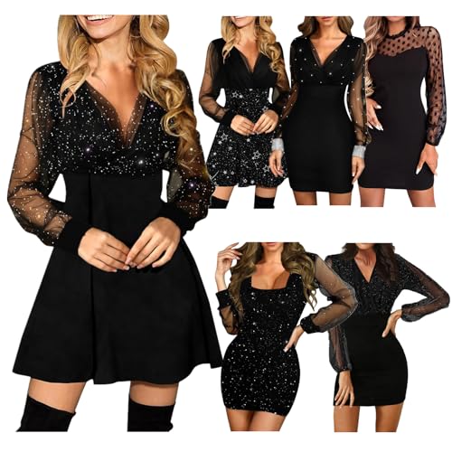 Glitzer Kleid Damen Cocktailkleid Damen Paillettenkleid Glänzend Abendkleider Sexy Fransen Langarm Kleid Knielang Hochzeit Festlich Kleider...