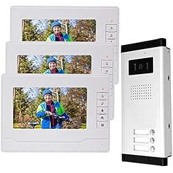 Videoportero 3 Viviendas uoweky 7 '' Cable de Video con color en la Puerta Sistema de Intercomunicación IR Cámara de Visión Nocturna Timbre + Pantallas de Monitor de Interior para 3 Apartamentos