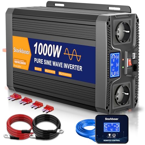 1000W/2000W inversor 12V 220V Onda Pura, Transformador 220v a 12v, convertidor para Coche, con Pantalla LCD, Mando, Enchufe CA y USB C. Ideal para autocaravanas, Coches, Solar, Camping y apagones