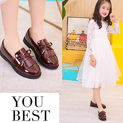 TangDao Toddler Little Kids Girls Slip On Round Toe Patent Leather Penny Loafers Flats School Uniform Kids Tassel Bowknot Boat Casual Princess Dress Shoes4