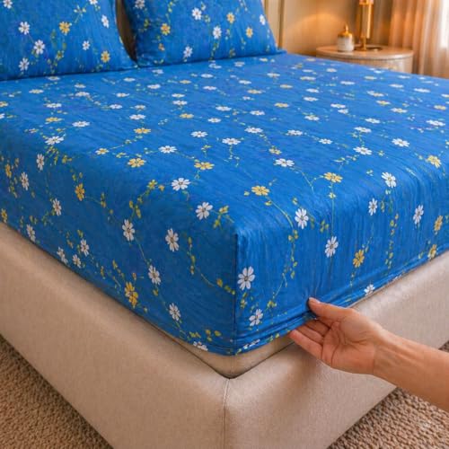 Image of Castiqa Elastic Fitted Supersoft Premium Brushed Cotton 200TC King Size Bedsheets with 2 Pillow Covers (Fits Upto Mattress of 10 Inches) (King (72x78), Blue Orchid)