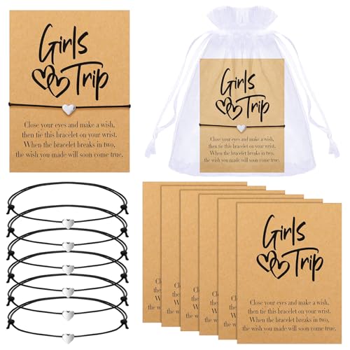 Tondiamo 6 Pcs Girls Trip Bracelet Girls Weekend Getaway Bracelets with Cards for Sisters Friends Bestie Bachelorette Party(Heart)