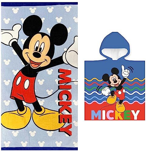 damaloo Juego de toallas infantiles poncho de baño Mickey Mouse - Poncho de baño albornoz con capucha como capa de baño y toalla de baño XXL 70x140 para playa, baño - poncho playa niño 55x110