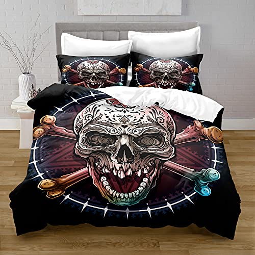 SunnyLisa CráNeo Juego De Funda NóRdica Lecho Personalidad 3D GóTico Vistoso DiseñO De Calavera Negra Microfibra Juego De Funda NóRdica con 2 Fundas De Almohada,King (220x240cm+2x50x90cm),Skull 5