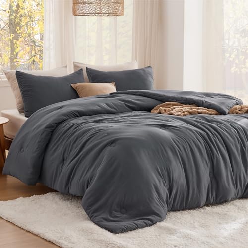 Image of Bedsure Queen Comforter Set Dark Grey, Soft Prewashed Queen Size Bedding, Quilted Comforter with Circle Design, Down Alternative Comforter for All Seasons, 3 Pieces Bed Set with 2 Pillow Shams