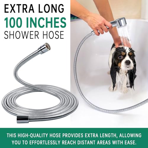 Grehge s Dog Shower Attachment for Pet Bathing and Washing, High Pressure 3 Mode Handheld Sprayer with ON/OFF Switch, Metal Diverter, 100 Inches Stainless Steel Hose, No Drill Hook