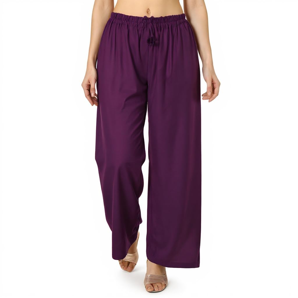 Women Solid Rayon Palazzo Pants | Plain Wide Leg Trousers for Women | Comfortable Elastic Waist | Casual, Office, College Palazzo for Girls & Ladies-image-11