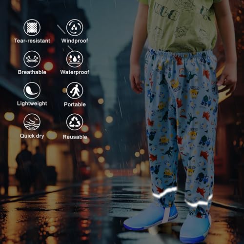 Dioshark Regenhose Jungen wasserdichte Matschhose Baby Kleinkind Blau Sommer Dünn Buddelhose mit Reflektor Regenlatzhose Ohne Träger Gefüttert Atmungsaktive Dinosaurier Fahrrad Schule Alter 1-2 Jahre