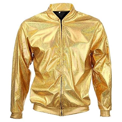 Best Fancy Dress Holographic Bomber Jacket with Leopard Snake or Zebra Print Small, Medium, Large XL for Men or Women (Gold, M/L) Cover