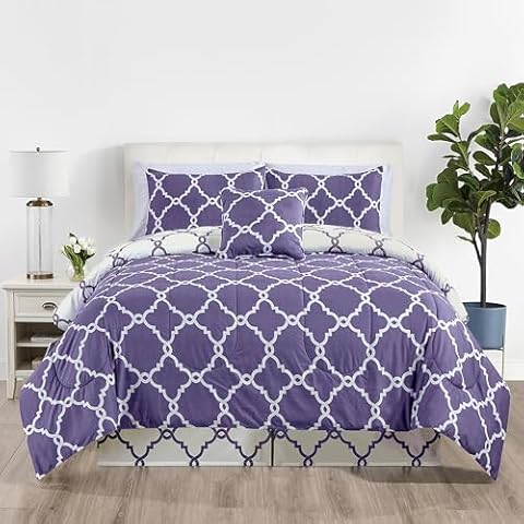 LUX Décor Reversible 5pc Queen Comforter Set, Printed Bedding Set, All-in-One Bed in a Bag, Includes 1 Comforter, 2 Pillow Shams, 1 Decor Pillow & 1 Bed Skirt (Quatrefoil Lavender,Queen) Cover