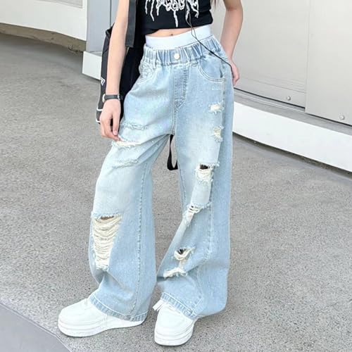 Girl's Elastic High Waist Ripped Baggy Jeans Wide Leg Distressed Denim Pants Kids Streetwear Cute Cotton Fall Clothes3