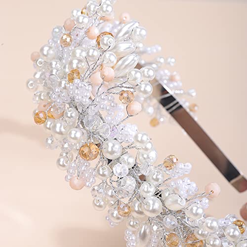 Kercisbeauty Handmade Beaded Silver Hair Tiara for Women Wedding Bridal Hair Accessories Pearl Crystal Hair Jewelry for Prom Banquet Party - Image 4