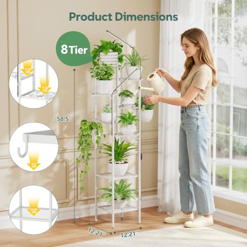 Image of Quikraen 8-Tier White Plant Stand with Grow Lights, 58.5 inch Tall Ultra-Narrow Corner Plant Shelf with 2-Head LED Grow Light & Hanging Hooks, Space-Saving Metal Flower Pot Holder Rack for Indoor Plants, Patio, Balcony