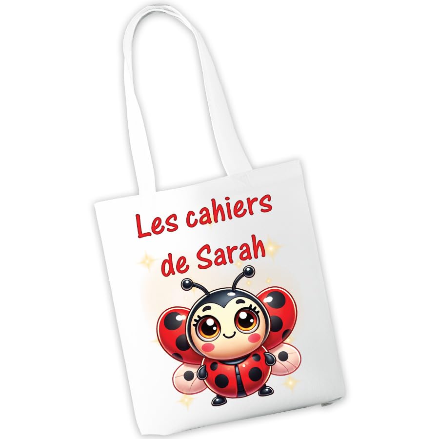 Sac à cahiers personnalisé - Sac de transport pour cahiers et livres d'école ou de bibliothèque - Prénom et motif au choix - Cadeau rentrée scolaire, maternelle, crèche, école (Coccinelle)
