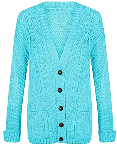 B&S Trendz Fashion Valley Womens Long Sleeve Chunky Cable Knitted Button Ladies Grandad Long Cardigan (UK S/M 8-10, Turq)